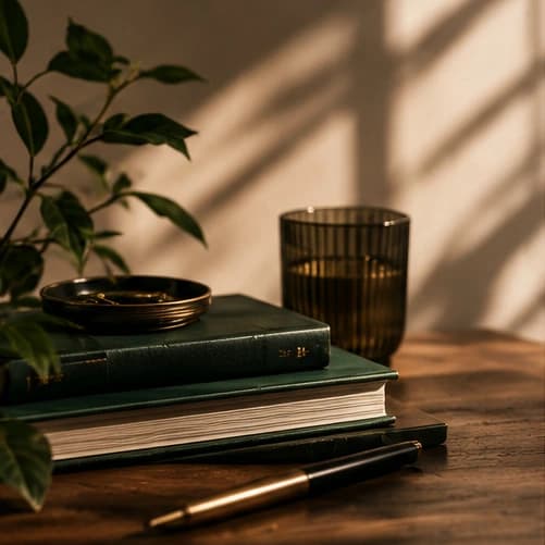Books and fountain pen in warm sunlight