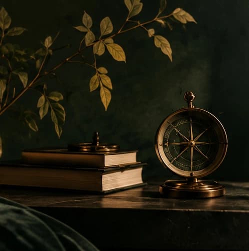 Antique compass on leather books