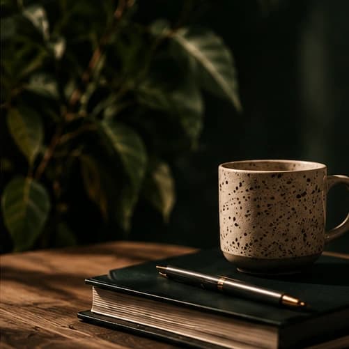 Speckled coffee mug and leather journal