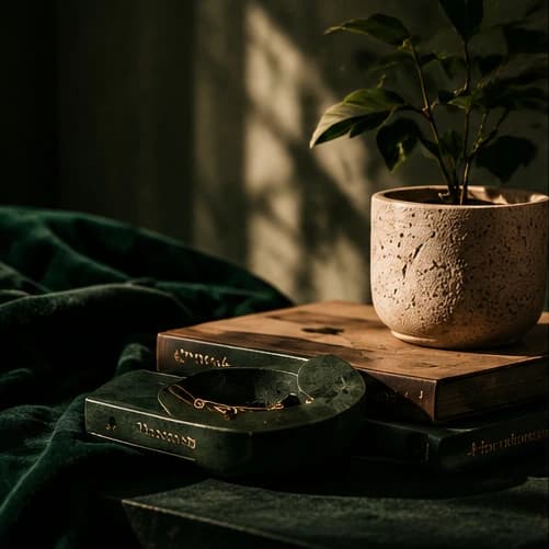 Ceramic potted plant on vintage books with velvet