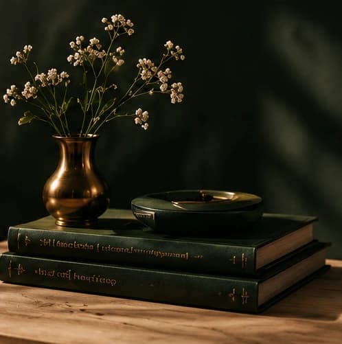 Wildflowers in brass vase with antique ledger