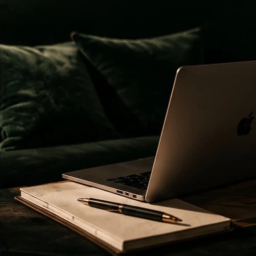 Minimal modern workspace with laptop and brass fountain pen
